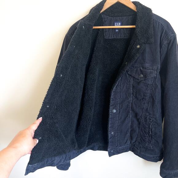 GAP Corduroy Sherpa Lined Mens Trucker Jacket Size XL Black Snap Farm Ranch - Picture 3 of 10